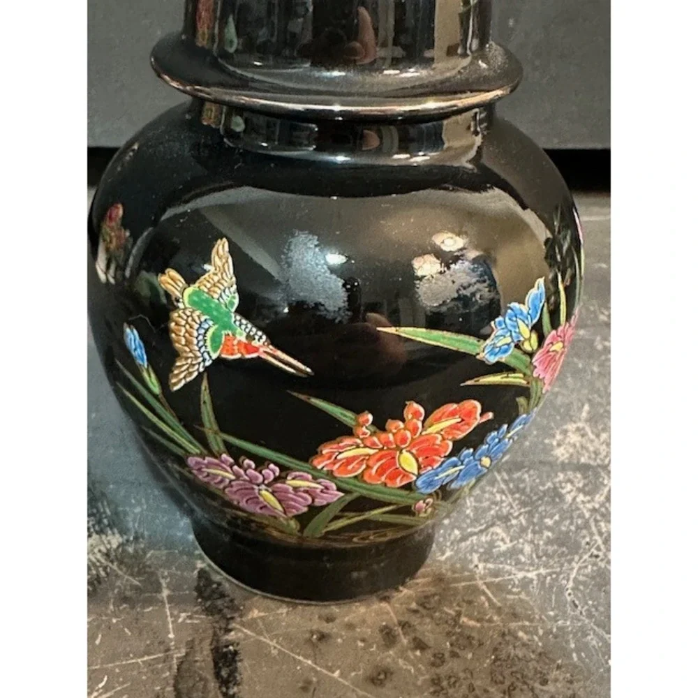 VTG Japanese Black Porcelain Ginger Jar Hummingbird Floral Iris Made‎ in Japan